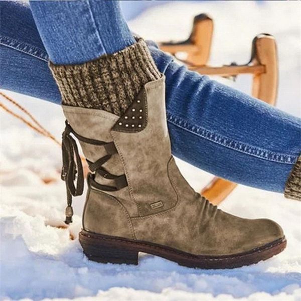 

женщины snow boots винтажные дамы обувь вязание креста обувь замши теплое зашнуровать дизайн сапоги низкий каблук удобную обувь wj001 y20091, Black