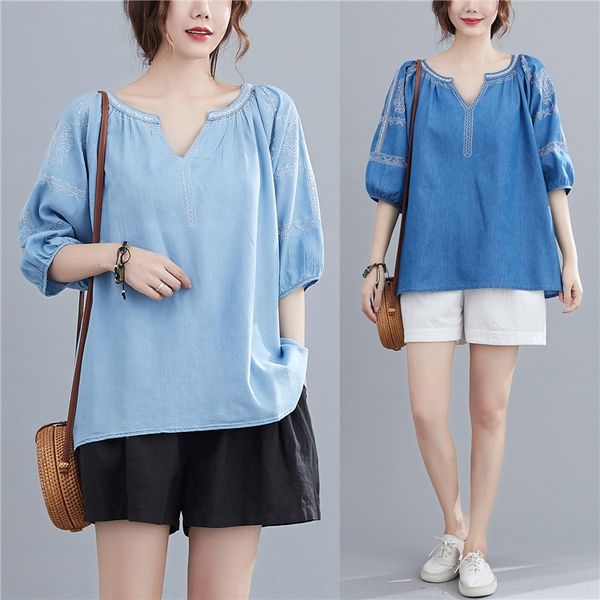 

этнический стиль вышитых v-образный вырез рубашка джинсовая модно корейского стиль свободного большого размера вышитого shirtnational shirts, Black;gray