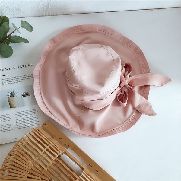 

summer women hats solid color caps new fashion bow knot fisherman hat basin cap folding sunscreen super large visor, Blue;gray