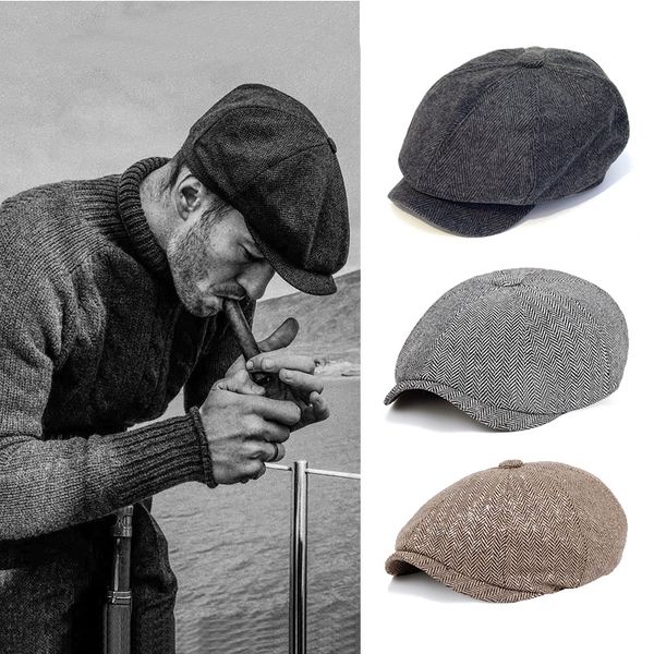 

berets beret hats men vintage herringbone gatsby tweed peaky blinders hat sboy spring flat peaked, Blue;gray