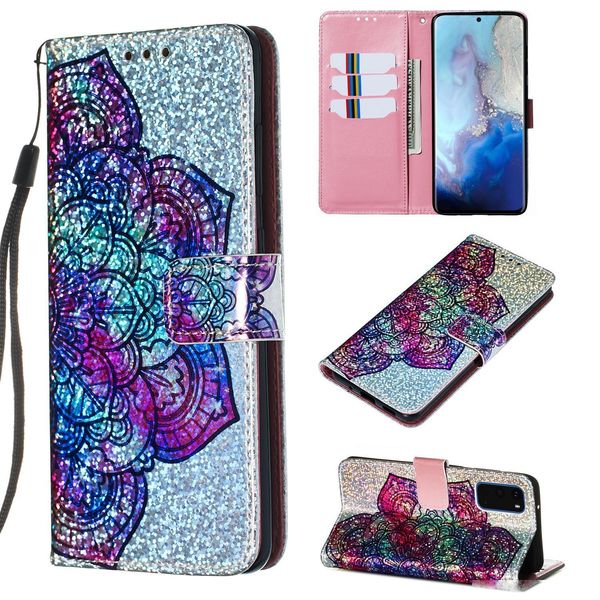 

leather wallet case for samsung s20 plus s20 ultra a71 foil bling sparkle lace unicorn flower butterfly confetti cover strap