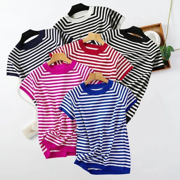 

striped summer short sleeve pullover women sweater knitted 2020 sweaters plus size korean pull femme jumper female, White;black