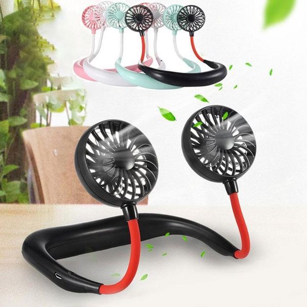 

portable usb rechargeable neckband dual cooling mini fan lazy neck hanging 3 speed sports outdoor travel