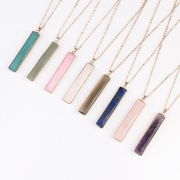 

zwpon simple style natural stone vertical bar pendant necklace gold border natural stone pendant necklace for woman gift jewelry, Silver