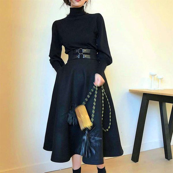 

two piece dress runway woman spring winter elegant black turtleneck and long party skirt suits twinset ns361, White