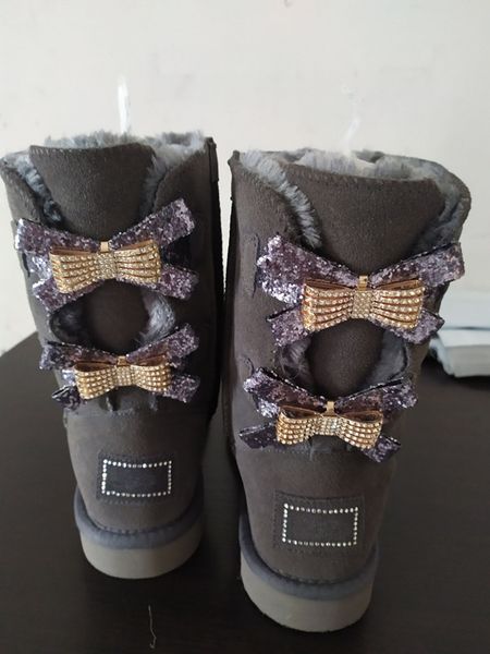 

women's kneel boots ankle boots classic new fashion wgg single double diamond snow boots female winter leather bow rhinestone crown war, Black