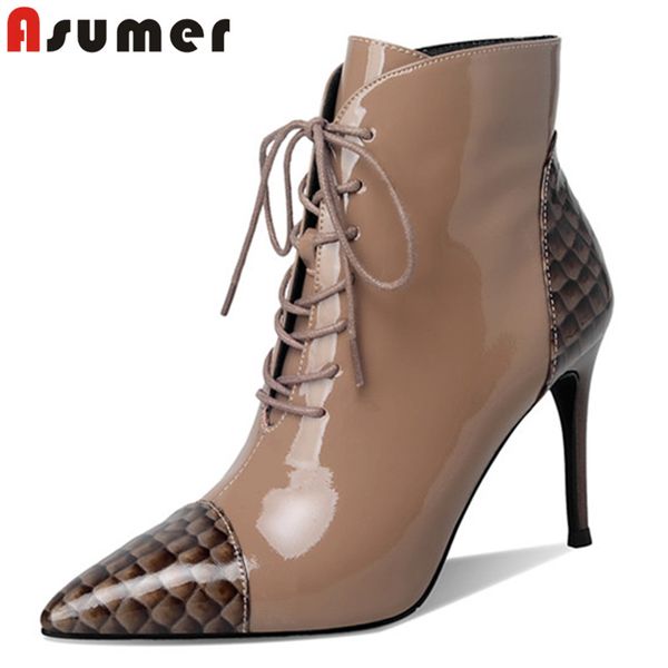 

boots asumer 2021 patent leather thin high heel women party wedding shoes mixed colors fashion woman ankle, Black