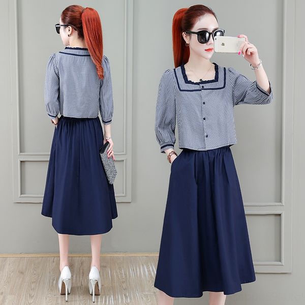 

fall 2020 niche plaid shirt high waist two-piece set girlfriends set women's s-11001 loose skirt loose shirt skirt jk2i3, Gray