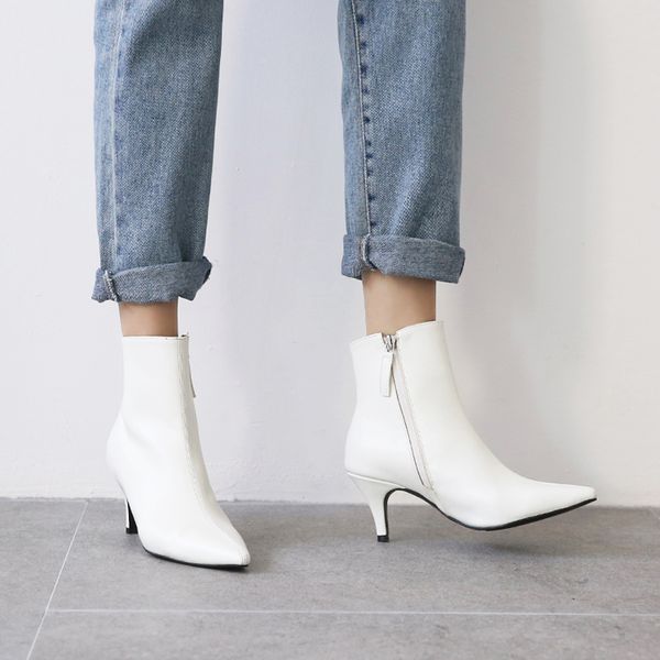 

all-match fashionable boots black white brown pointed stiletto high heels 6cm/8cm leather zipper short boots women size 33-42