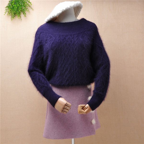

lady women fashion hairy fuzzy short mink cashmere slash neck long sleeve crop angora fur winter jumper sweater pull, White;black