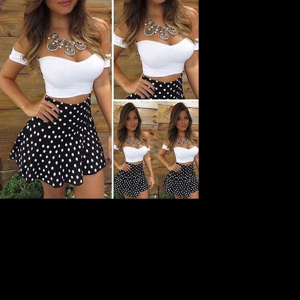 

black friday deals 2 piece sets women short sleeve crop mini dot skirt set high waist bodycon sexy, Gray