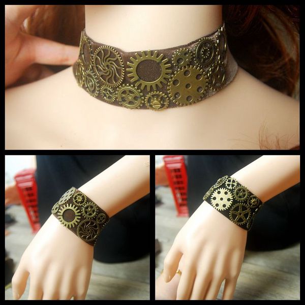 

brown velvet choker cogs gears necklace steampunk gothic handmade gothic retro cosplay jewelry accessories, Golden;silver