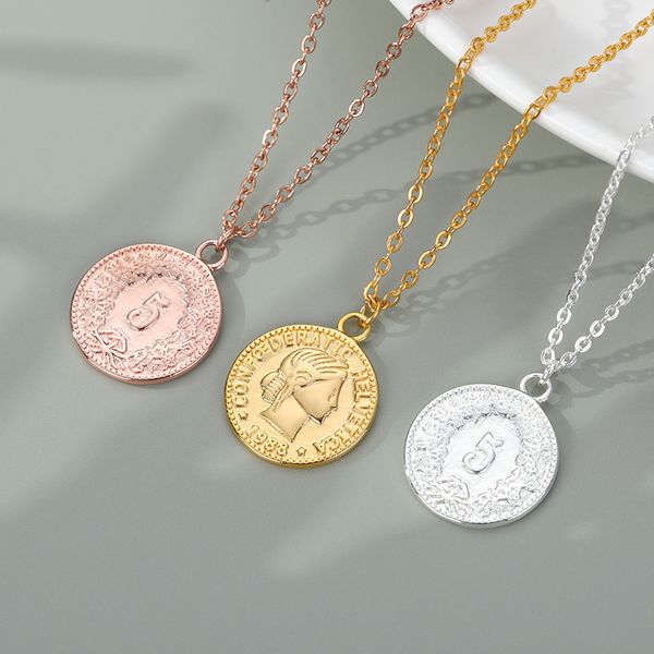 

chokers retro gold silver color portrait round alloy coin pendant necklace center big chain choker women party jewelry gifts, Golden;silver
