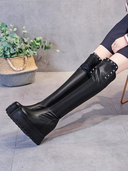 

winter boots lady thigh high heels high women shoes autumn booties ladies platform boots-women round, Black