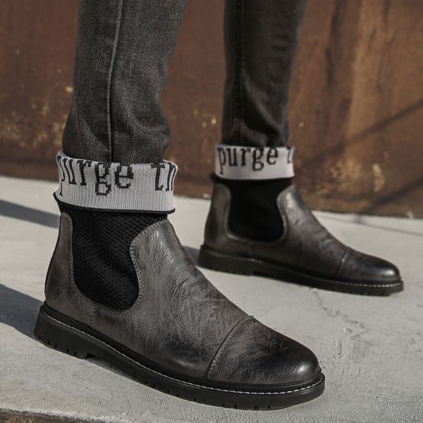 

boots vryheid fashion casual men autumn winter brogue ankle mens with fur plush warm high leather shoes big size 39-47, Black