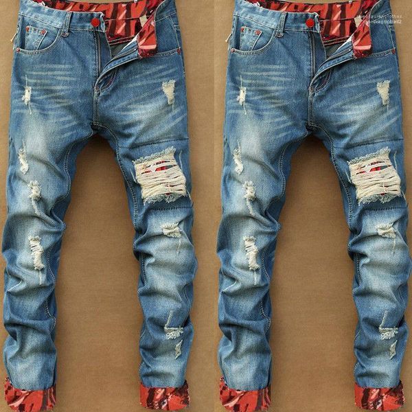 

pants vintage mens hole jeans fashion designer ripped hip-hop slim mens skinny jeans fashion retro mens, Blue