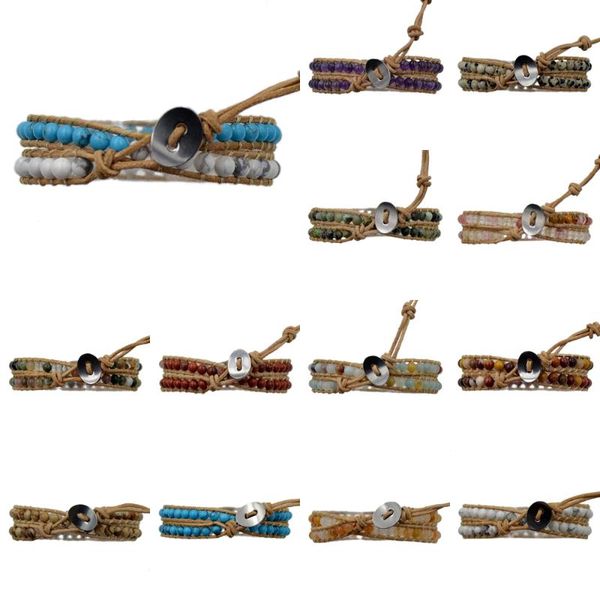 

2 wraps men's women's natural gem stone wrap genuine leather bangle bracelet beads jewelry wholesale 4pcs/lot, Golden;silver