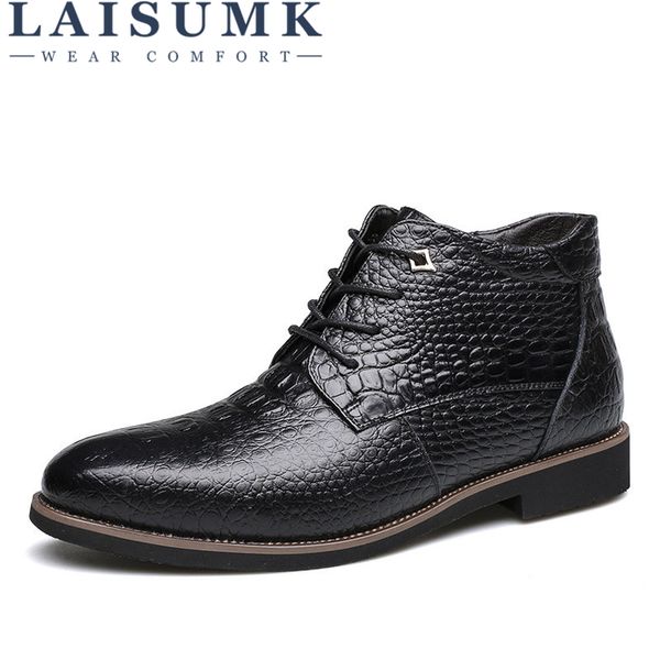 

laisumk men winter boots warm thicken fur men's ankle boots fashion male business office formal leather shoes, Black