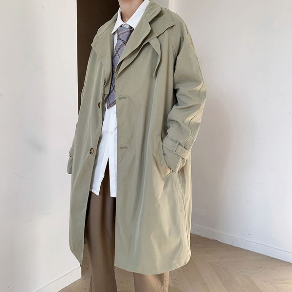 

2020 korean style men's mid-length fashion windbreaker handsome outerwear casual coats simple long jacket black/green trench, Tan;black