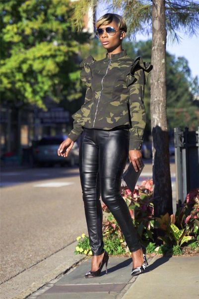 

new womens designer camouflage jackets stand collar long sleeve ruffles coat spring autumn womens coats, Black;brown