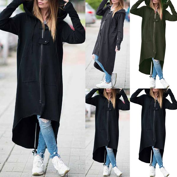 

2020 осени с капюшоном длинного толстовка casual solid zipper верхней одеждой женщина толстовка нерегулярного кафтан зимних пальто top vesti, Black