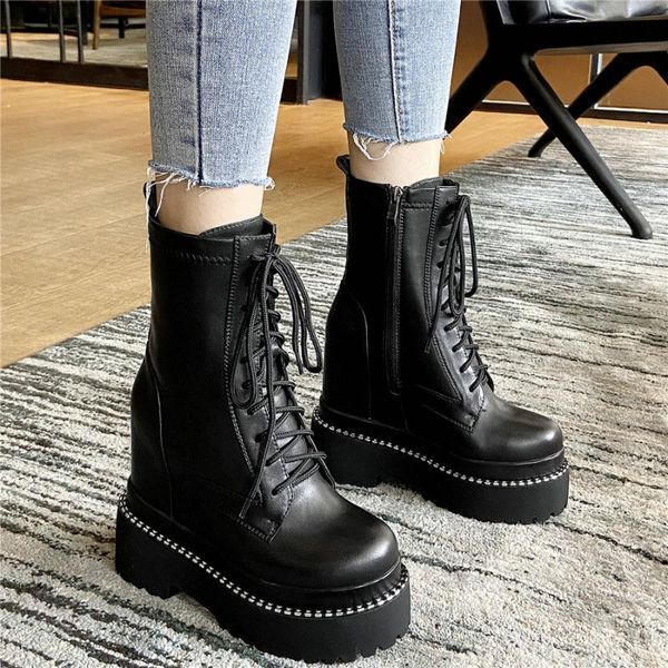

casual shoes women lace up leather wedges high heel ankle boots female round toe chunky platform pumps shoes fashion sneakers, Black