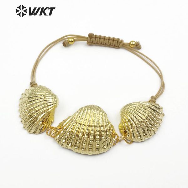 

wt-b441 wkt natural scallop shell bracelet random size white scallop with gold dipped adjustable rope women bracelet, Golden;silver