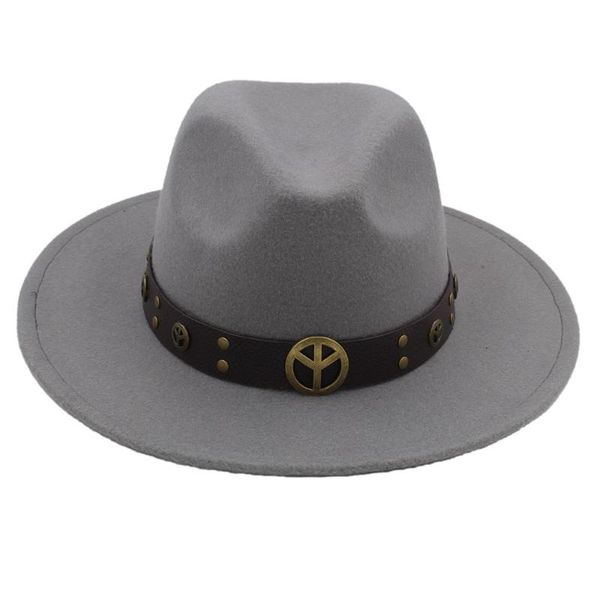 

100% шерсть женщины мужчины войлок fedora hat осень зима широкий брим jazz godfather cap с стимпанк rivet пояс размер 56-58cm, Blue;gray