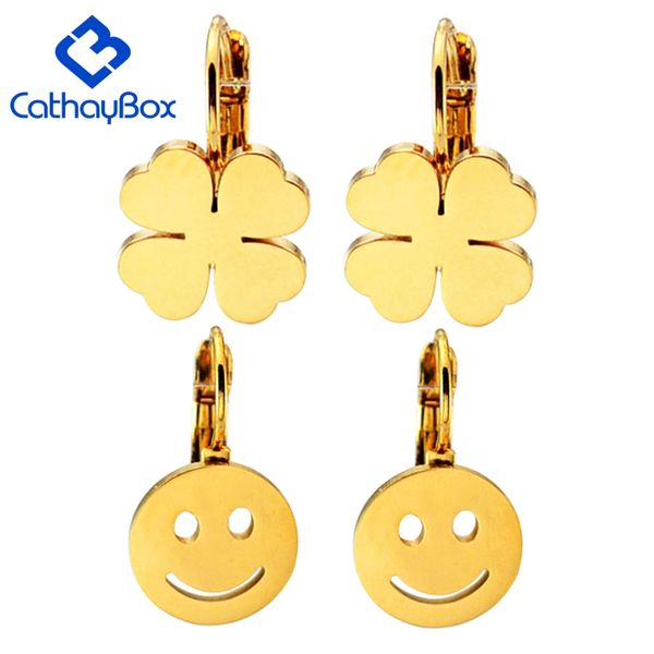 

women clip on earrings gold tone four clover leaf smiling face fashion jewelry, Golden;silver