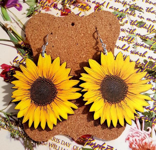 

3d wooden sunflower design earrings 2020 style prom party jewelry fashion popular female accessory, Golden
