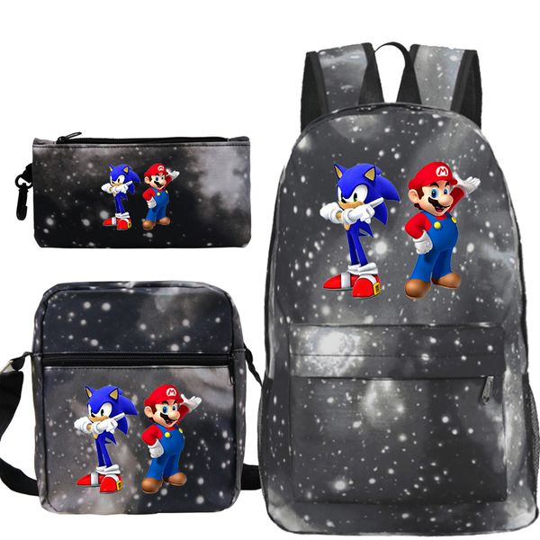 

3 pcs/set plecak kpop mochila sonic and mario backpack school bags for teenage girls hip hop anime sac a dos cartoon pencil case