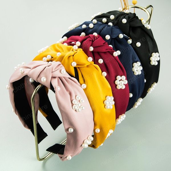 Linda coreana bowknot Ampla Headband para Acessórios de cabelo Simulado Pérola Mulher Vintage tecido de cor sólida Partido Feminino Hairband