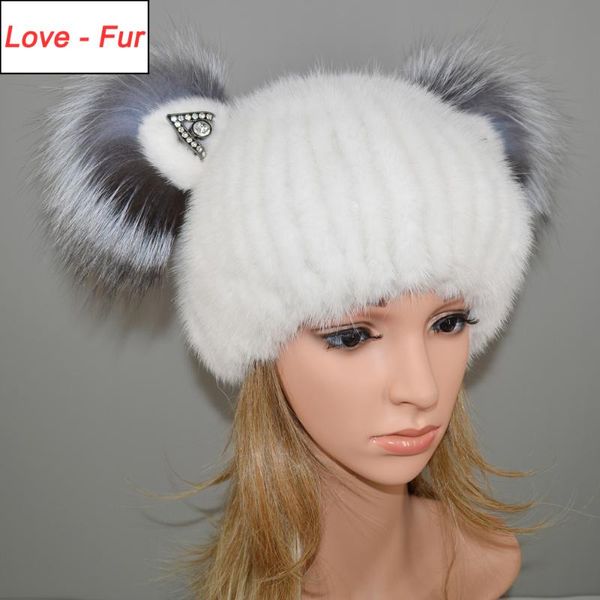 

beanie/skull caps 2021 winter warm women knitted real natural hats two sliver fur balls beanies hat, Blue;gray