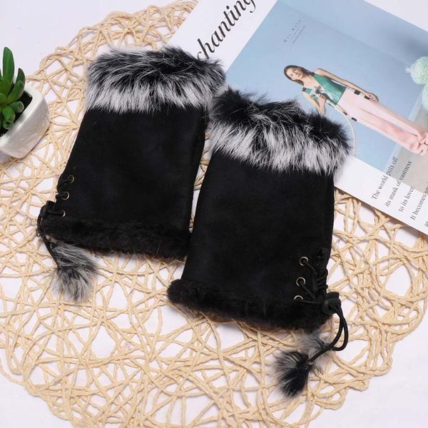 

fur leather wrist fingerless gloves women' gift new warm winter gloves 1 pair mittens, Blue;gray
