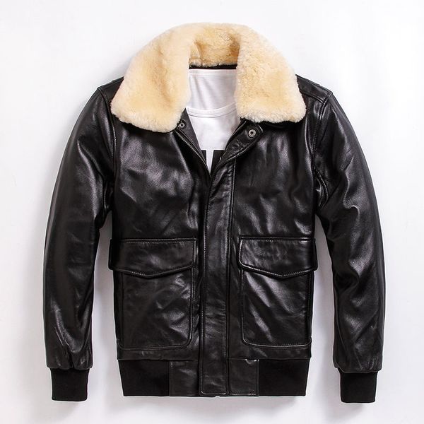 

2020 black men usaf pilot leather jacket wool collar europe plus size xxxl genuine sheepskin flight coat