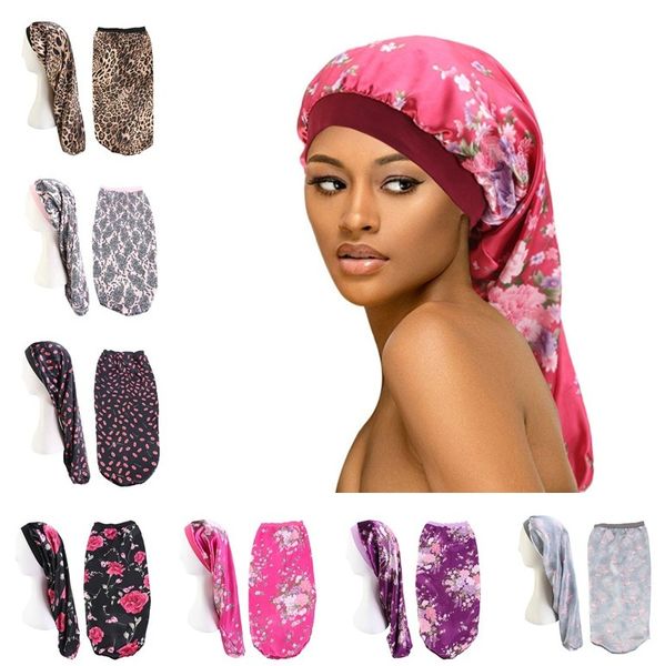 2020 Capelli lunghi Calzino Cap Sleep Hat Wrap Night Cap Cura dei capelli Bonnet Berretto da notte Donna Fascia larga Cappello in raso elastico Copricapo copricapo