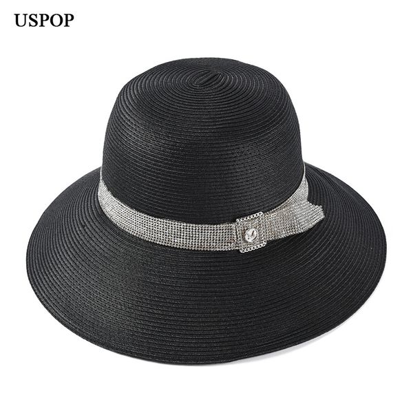 

uspop sun hats for women luxury diamond letter m straw hats fashion wide brim summer diamond belt decoration beach hat, Blue;gray