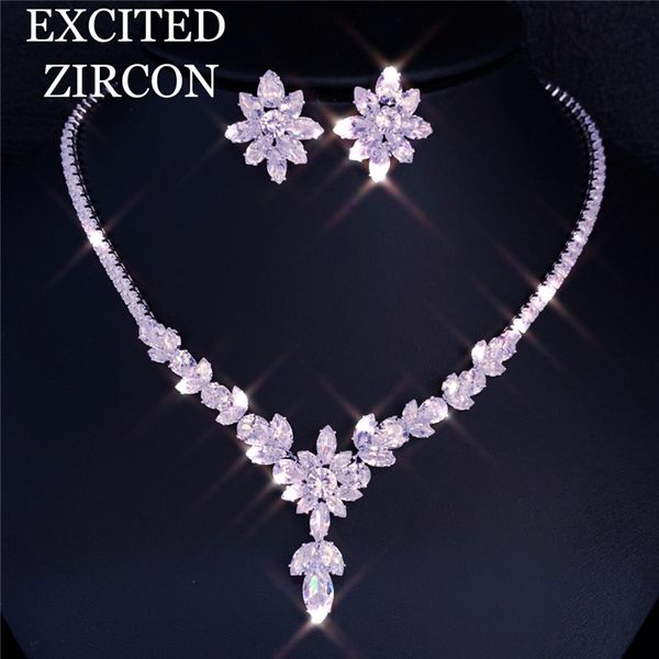 

zircon leaf necklace earrings nigeria 2 pcs bridal flower jewelry sets women party gifts conjunto de joyas, Silver