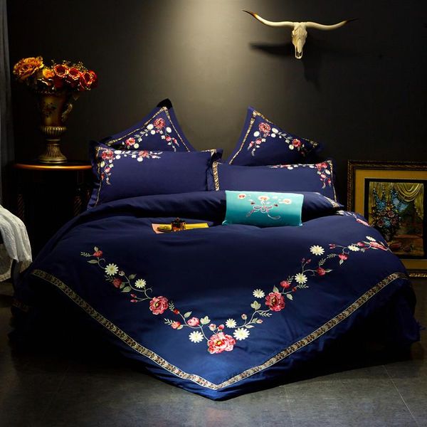 

deep blue chic flower embroidery bedding set soft microfiber duvet cover flat bed sheet pillowcase  kking size 4/7pieces