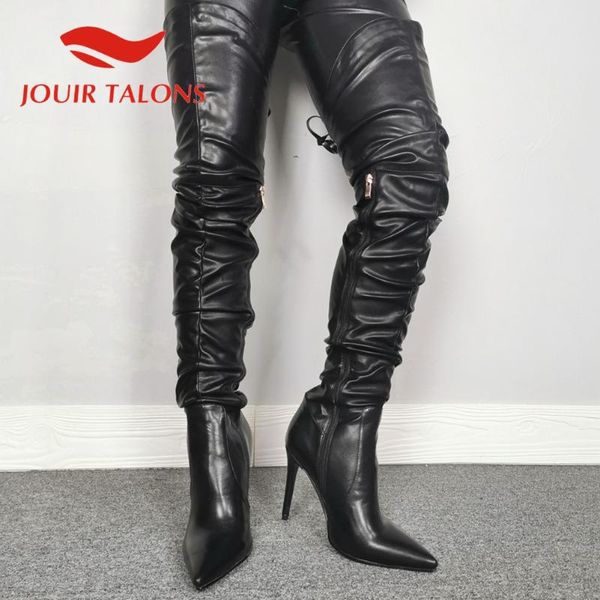 

jouir talons brand new women shoes casual pointed toe thin high heels over-the-knee solid boots cross-tied shoes, Black
