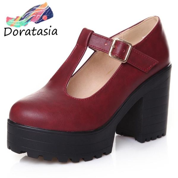 

doratasia women solid buckle block heel platform shoes party cosplay t strap spring pumps women fashion brand pumps, Black