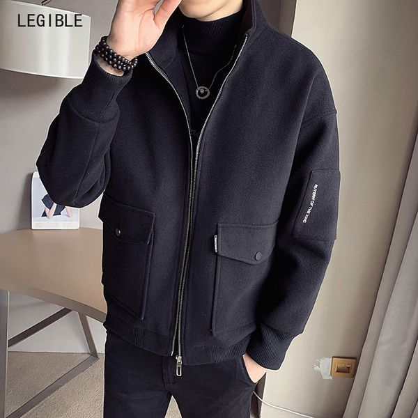 

legible men wool blends coats autumn winter new solid color stand collar men's wool jacket brand clothing, Black