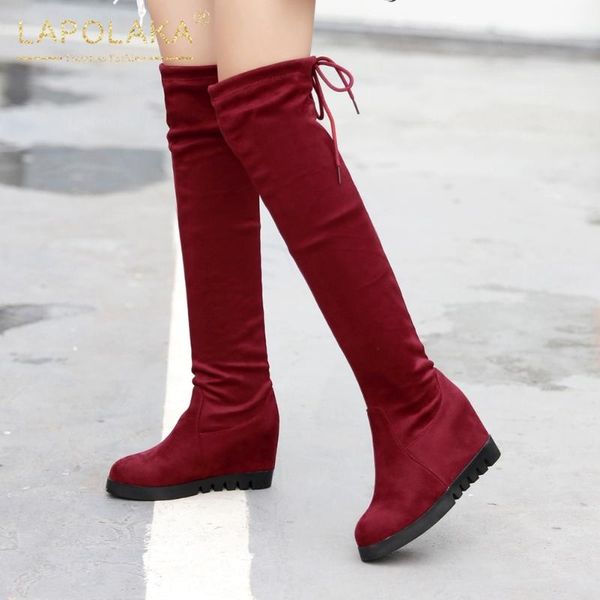 

lapolaka new arrivals big size 43 increasing high heels over the knee boots women shoes cross-tied stretch boots ladies, Black