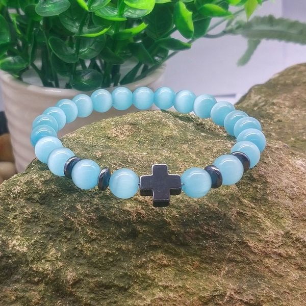 

8mm colourful opal stone bead cross charm bracelet for women men yoga jewelry, Golden;silver