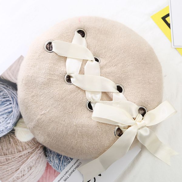 

warm lace-up bows woolen beret hat french artist kawaii flat caps solid color cap headwear for women girls high quality, Blue;gray
