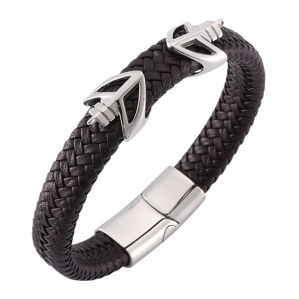 

brown braided leather bracelet trendy men jewelry punk stainless steel magnetic clasp man wristband bracelet c0127, Golden;silver