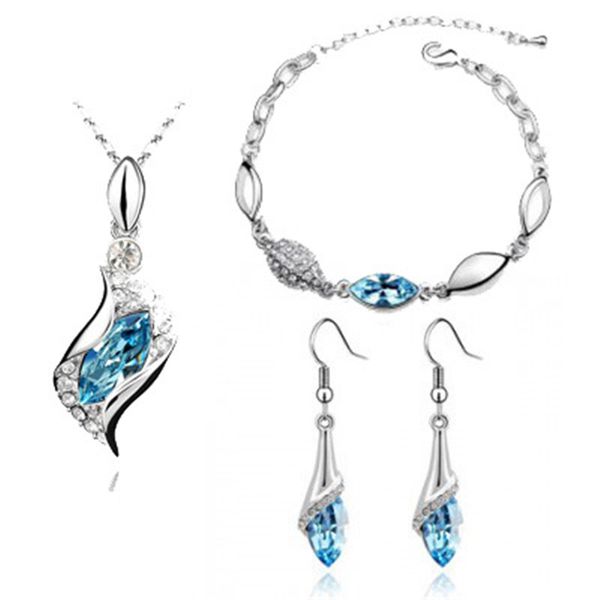 

earrings & necklace 3pcs fashion bridal jewelry set bracelet for women engagement water horse eye shape austrian crystal, Silver