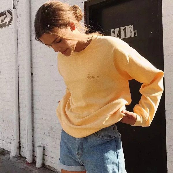 

women honey embroidered casual sweatershirts pullovers stylish long sleeve loose all-matched soft female sweatershirts drop shipping, Black