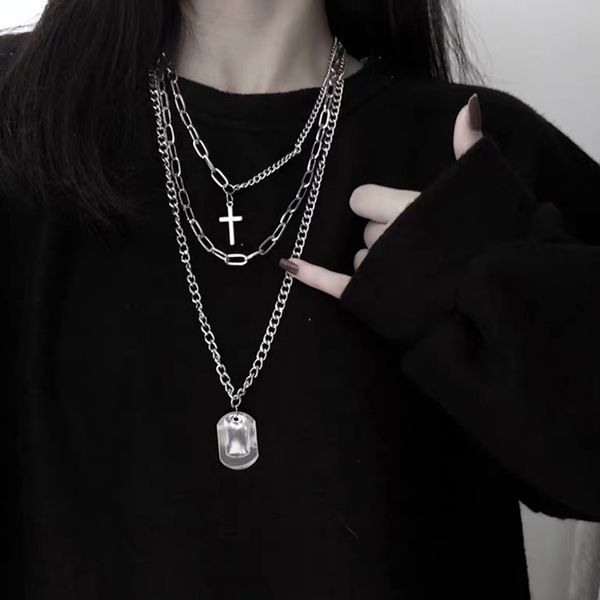

fashion multilayer hip hop long chain necklace for women men hip hop jewelry gift personality cross pendant necklace accessories, Silver