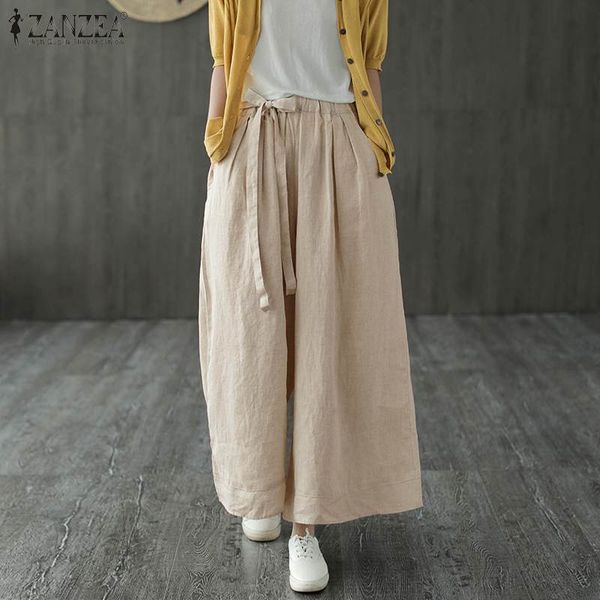 

women autumn trousers 2020 zanzea vintage wide leg pants casual elastic waist long pantalon palazzo female solid pant plus size, Black;white
